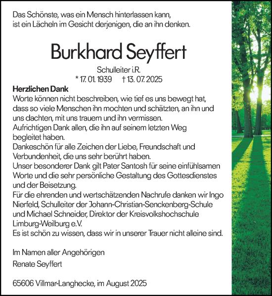 Traueranzeige von Burkhard Seyffert von Weilburger Tageblatt