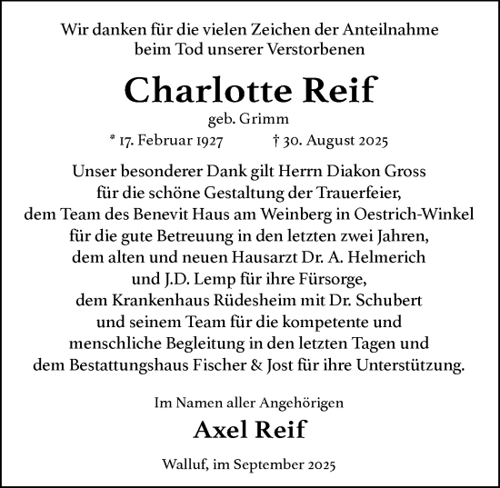 Traueranzeige von Charlotte Reif von Wiesbadener Kurier