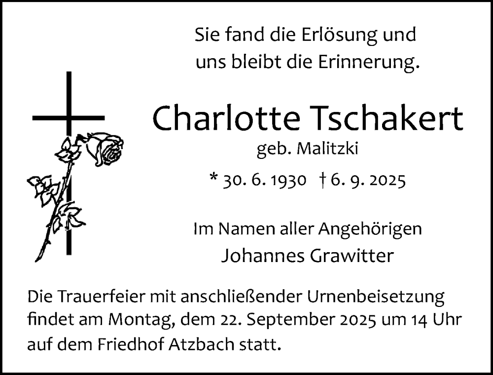  Traueranzeige für Charlotte Tschakert vom 18.09.2025 aus Wetzlarer Neue Zeitung