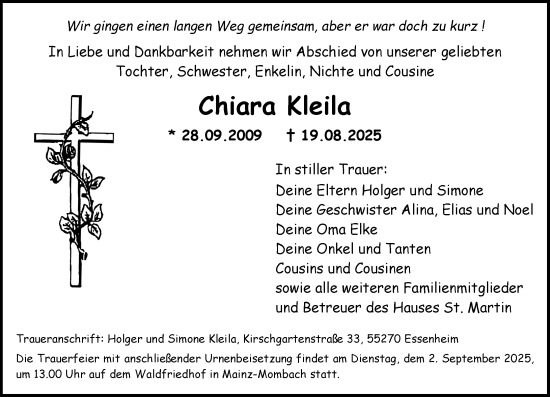 Traueranzeige von Chiara Kleila von Allgemeine Zeitung Mainz