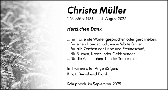 Traueranzeige von Christa Müller von Weilburger Tageblatt