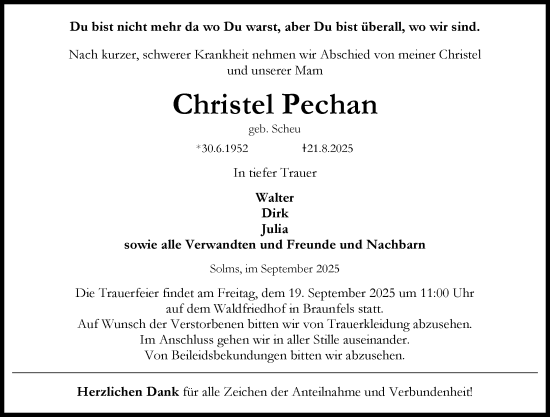 Traueranzeige von Christel Pechan von Wetzlarer Neue Zeitung