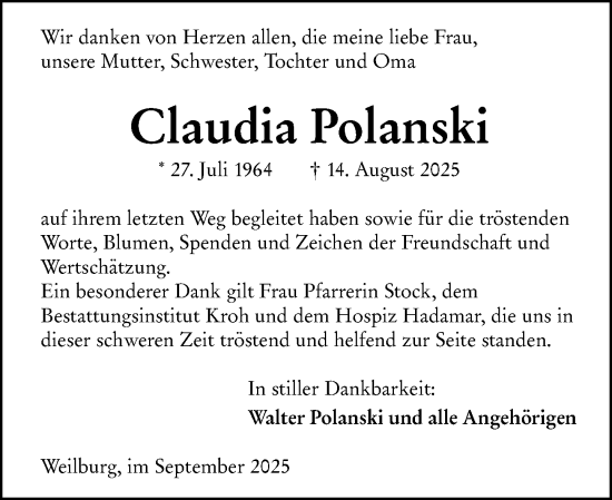 Traueranzeige von Claudia Polanski von Weilburger Tageblatt