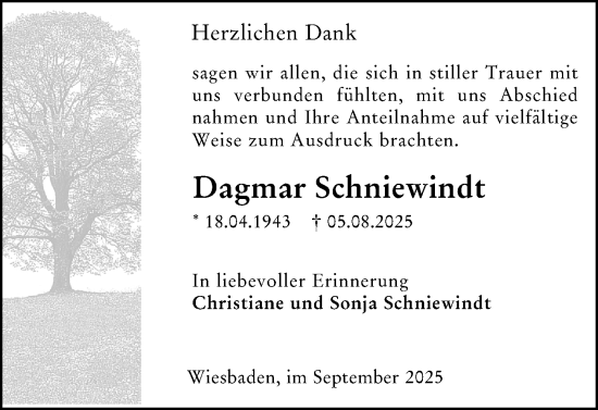 Traueranzeige von Dagmar Schniewindt von Wiesbadener Kurier