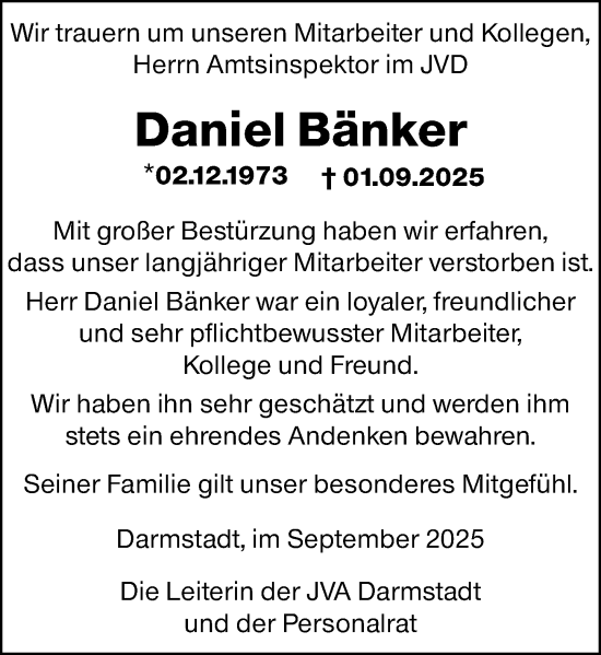 Traueranzeige von Daniel Bänker von Darmstädter Echo