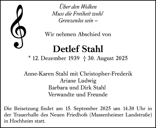 Traueranzeige von Detlef Stahl von Wiesbadener Kurier