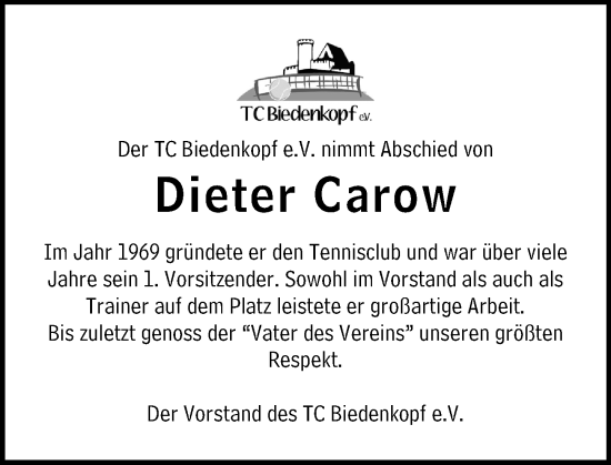 Traueranzeige von Dieter Carow von Hinterländer Anzeiger