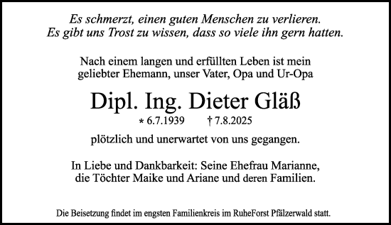 Traueranzeige von Dieter Gläß von Darmstädter Echo