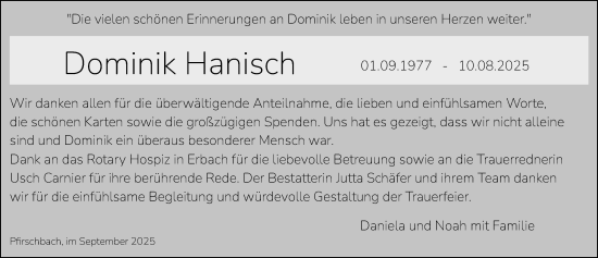 Traueranzeige von Dominik Hanisch von Odenwälder Echo