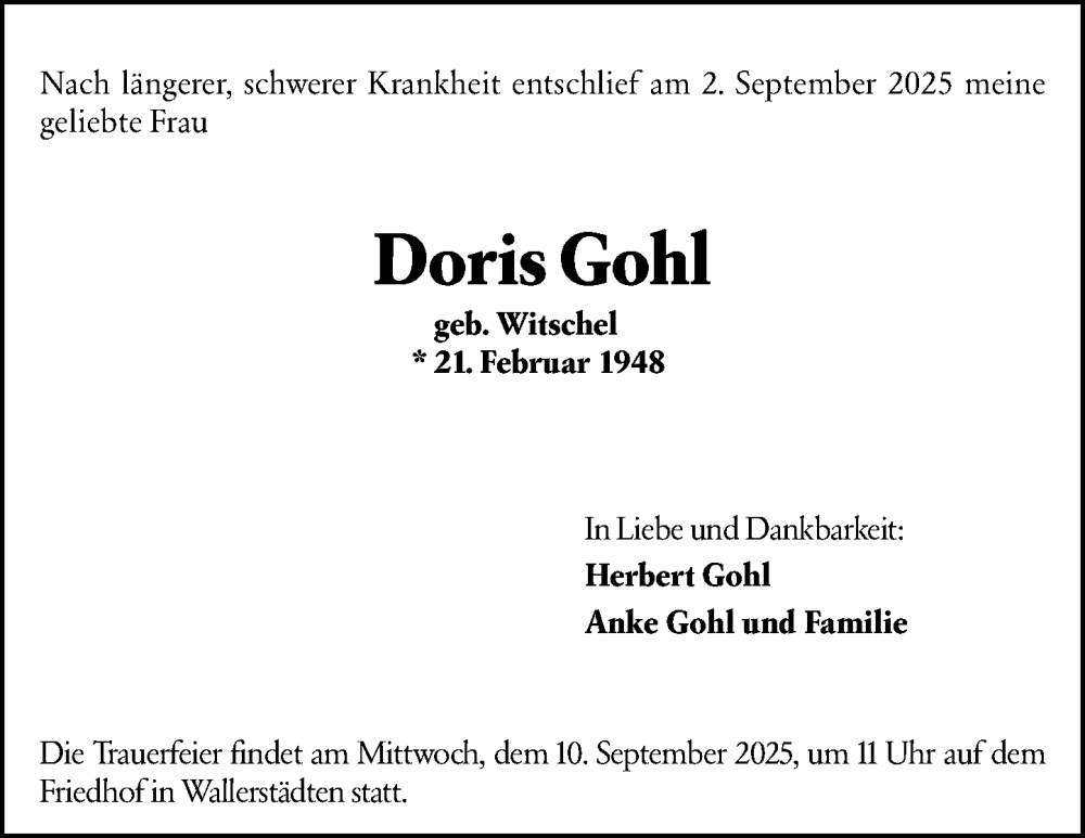  Traueranzeige für Doris Gohl vom 06.09.2025 aus Groß-Gerauer Echo