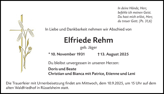 Traueranzeige von Elfriede Rehm von Rüsselsheimer Echo