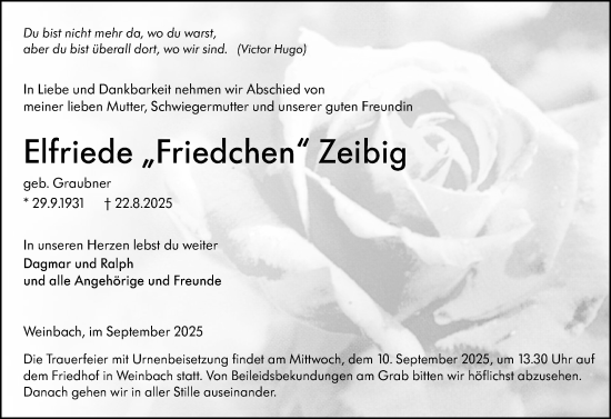 Traueranzeige von Elfriede Zeibig von Weilburger Tageblatt