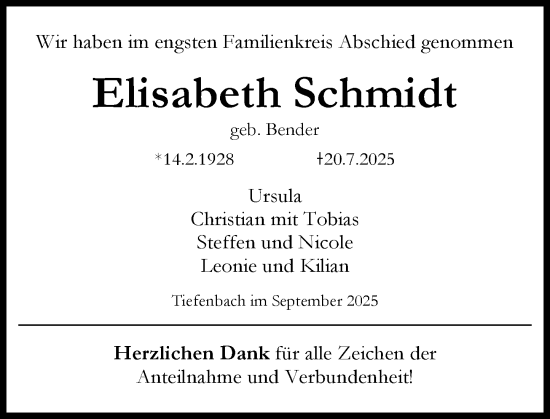 Traueranzeige von Elisabeth Schmidt von Wetzlarer Neue Zeitung