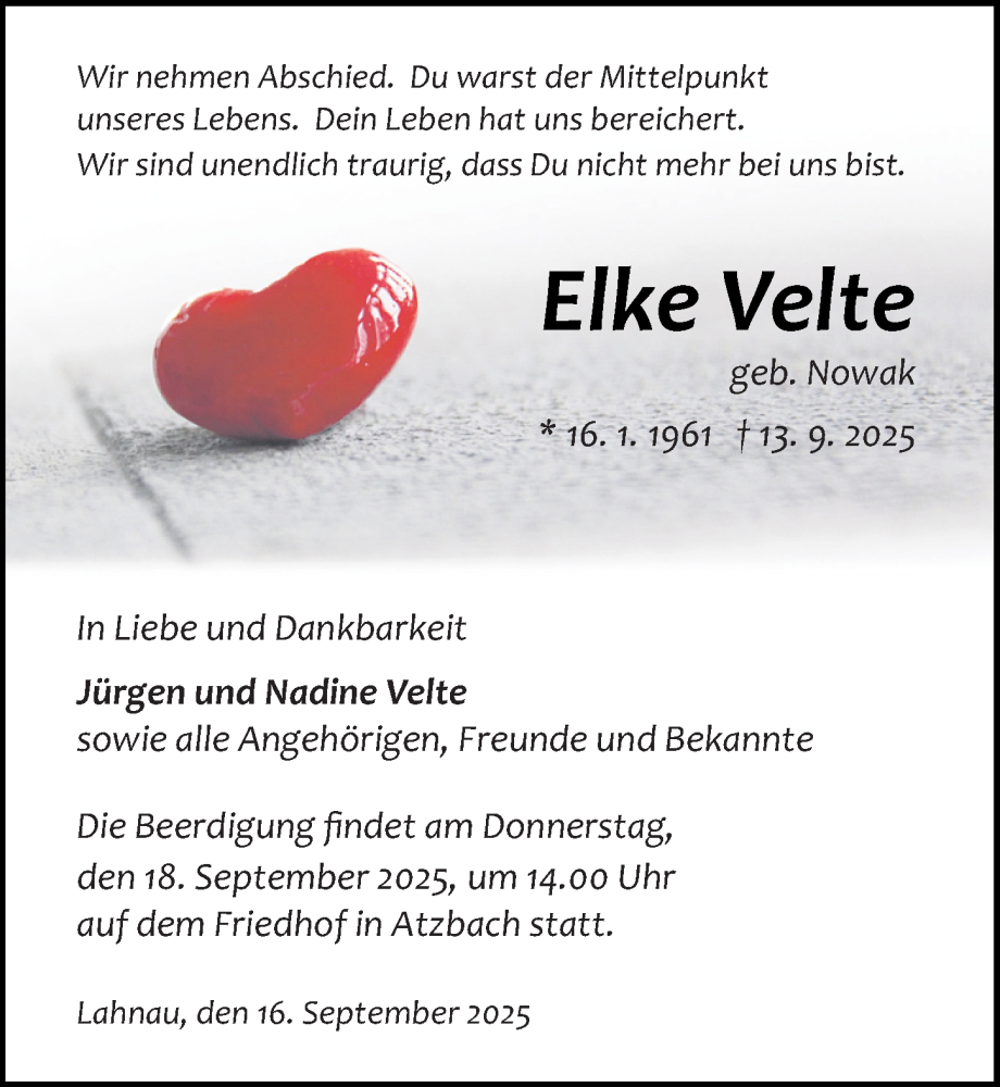  Traueranzeige für Elke Velte vom 16.09.2025 aus Wetzlarer Neue Zeitung