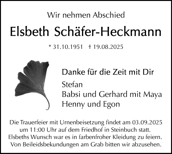 Traueranzeige von Elsbeth Schafer-Heckmann von Odenwälder Echo