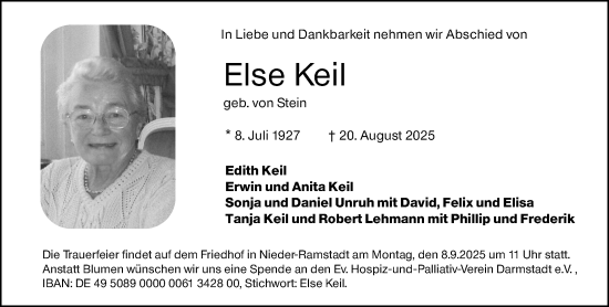 Traueranzeige von Else Keil von Darmstädter Echo