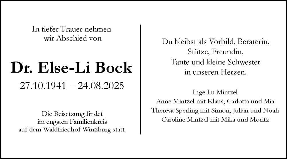  Traueranzeige für Else-Li Bock vom 30.08.2025 aus Wiesbadener Kurier