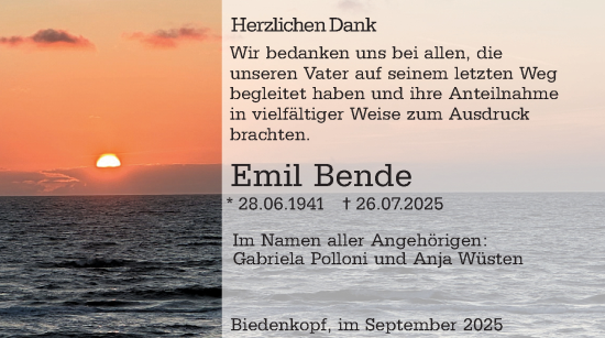 Traueranzeige von Emil Bende von Hinterländer Anzeiger