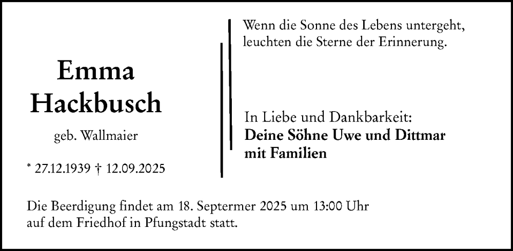  Traueranzeige für Emma Hackbusch vom 16.09.2025 aus Darmstädter Echo