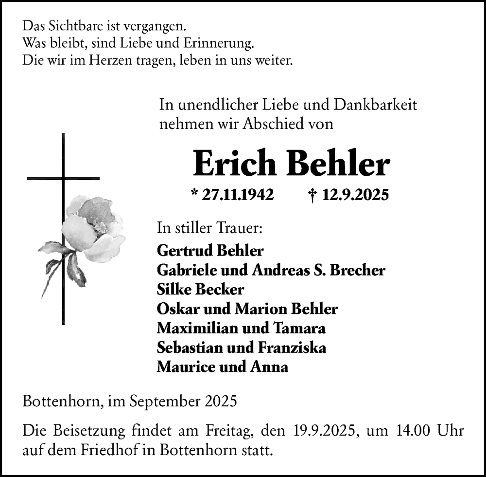  Traueranzeige für Erich Behler vom 18.09.2025 aus Hinterländer Anzeiger