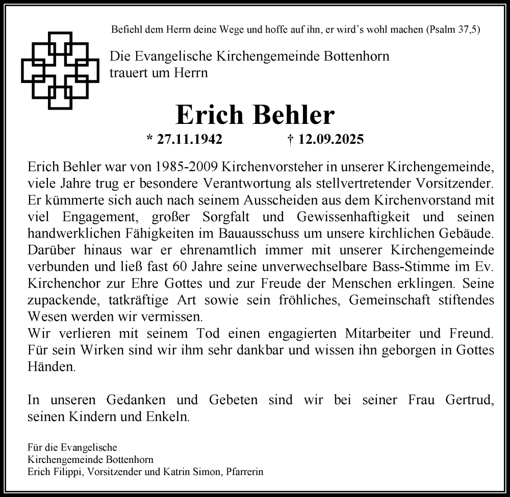  Traueranzeige für Erich Behler vom 20.09.2025 aus Hinterländer Anzeiger
