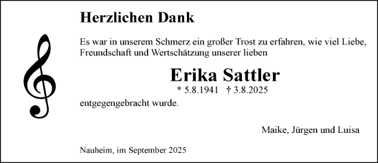 Traueranzeige von Erika Sattler von Rüsselsheimer Echo