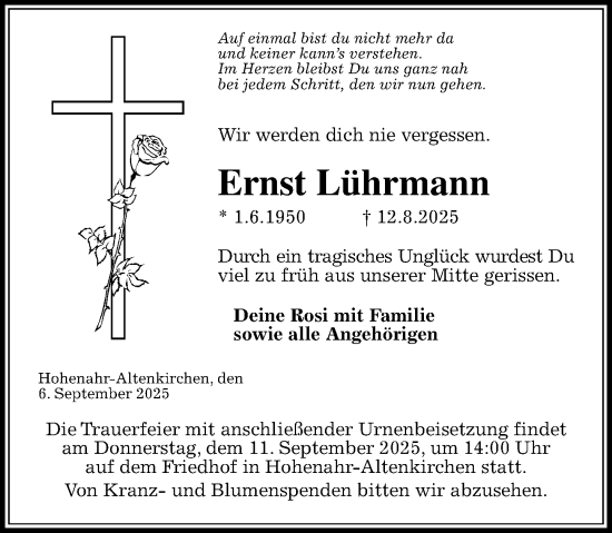 Traueranzeige von Ernst Lührmann von Wetzlarer Neue Zeitung