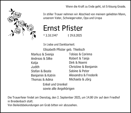 Traueranzeige von Ernst Pfister von Hinterländer Anzeiger