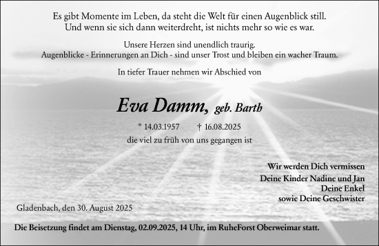 Traueranzeige von Eva Damm von Hinterländer Anzeiger