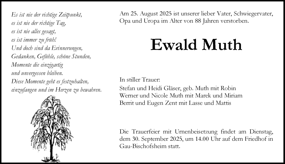  Traueranzeige für Ewald Muth vom 20.09.2025 aus Allgemeine Zeitung Mainz