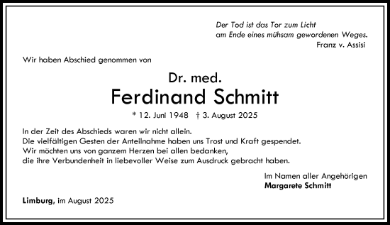Traueranzeige von Ferdinand Schmitt von Nassauische Neue Presse