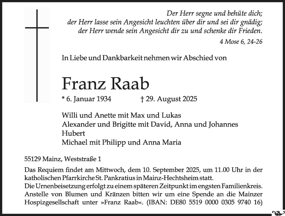 Traueranzeige für Franz Raab vom 06.09.2025 aus Allgemeine Zeitung Mainz