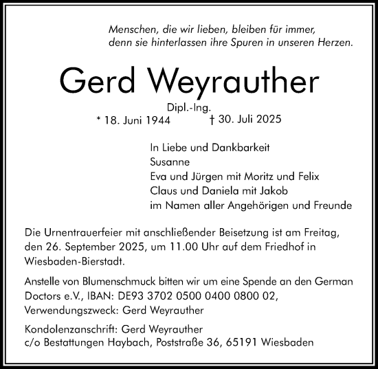 Traueranzeige von Gerd Weyrauther von Wiesbadener Kurier