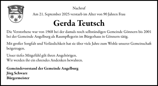 Traueranzeige von Gerda Teutsch von Hinterländer Anzeiger