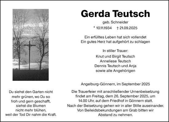 Traueranzeige von Gerda Teutsch von Hinterländer Anzeiger