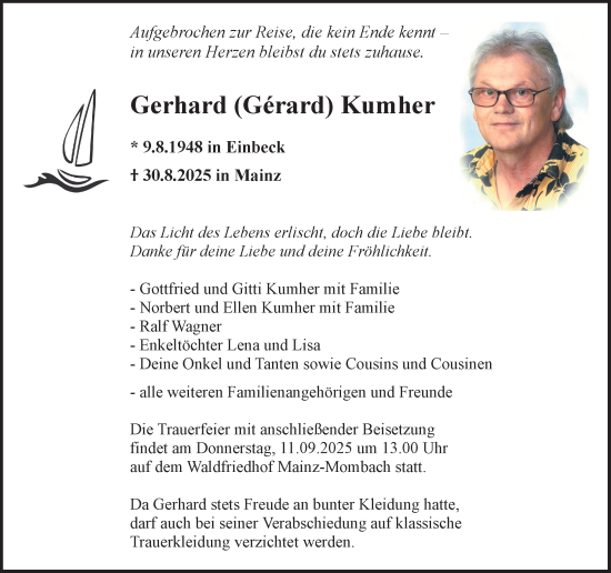 Traueranzeige von Gerhard Kumher von Allgemeine Zeitung Mainz