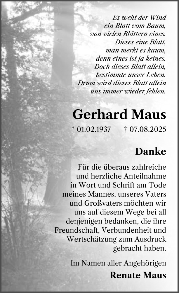  Traueranzeige für Gerhard Maus vom 20.09.2025 aus Binger-/Ingelheimer Wochenblatt