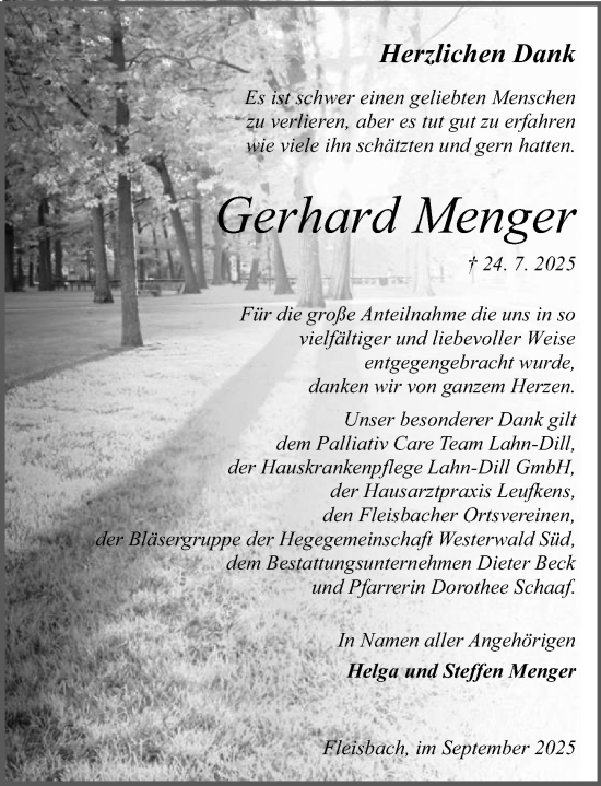 Traueranzeige von Gerhard Menger von Wetzlarer Neue Zeitung