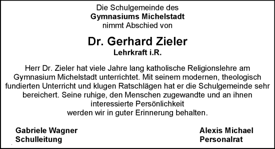 Traueranzeige von Gerhard Zieler von Odenwälder Echo