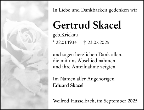 Traueranzeige von Gertrud Skacel von Camberger Anzeiger