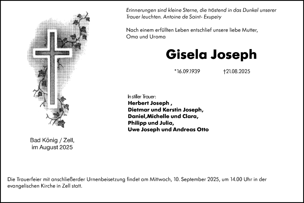  Traueranzeige für Gisela Joseph vom 30.08.2025 aus Odenwälder Echo