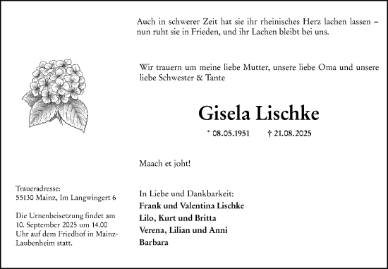 Traueranzeige von Gisela Lischke von Allgemeine Zeitung Mainz