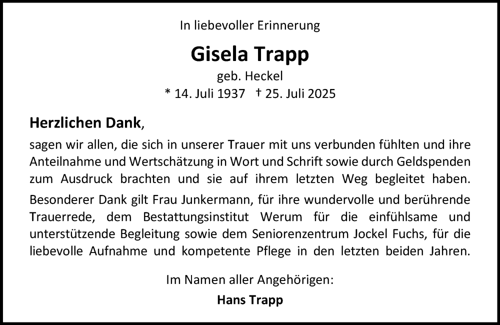  Traueranzeige für Gisela Trapp vom 06.09.2025 aus Allgemeine Zeitung Mainz