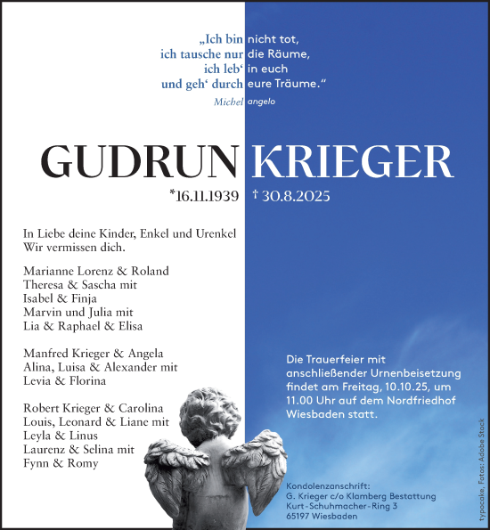 Traueranzeige von Gudrun Krieger von Wiesbadener Kurier