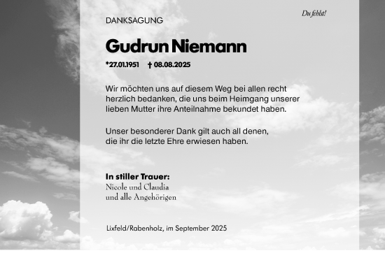Traueranzeige von Gudrun Niemann von Hinterländer Anzeiger