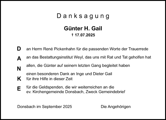Traueranzeige von Günter  Gail von Dill Block