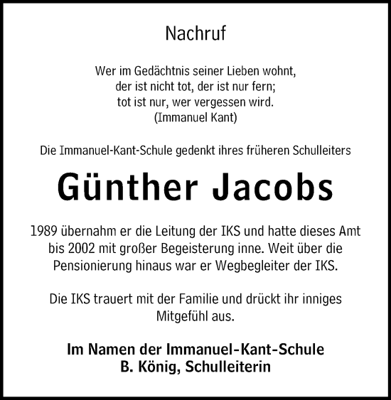 Traueranzeige von Günther Jacobs von Rüsselsheimer Echo