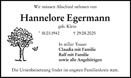 Traueranzeige von Hannelore Egermann von Wiesbadener Kurier