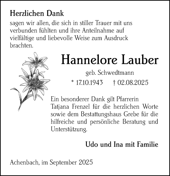 Traueranzeige von Hannelore Lauber von Hinterländer Anzeiger