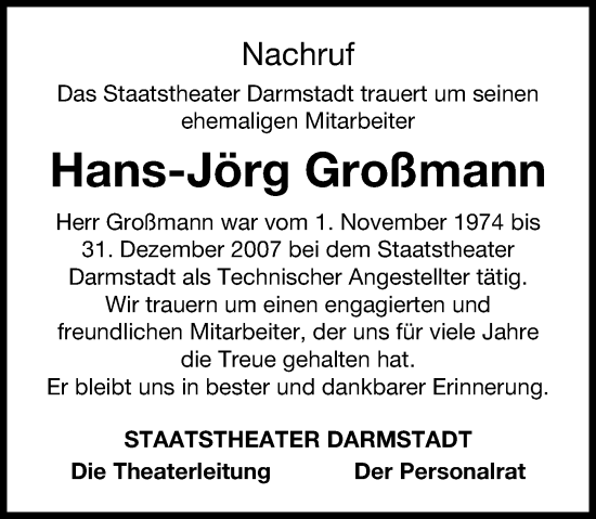 Traueranzeige von Hans-Jörg Großmann von Darmstädter Echo